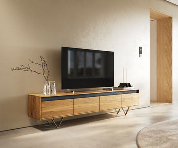 TV Stand Stonegrace Straight-Edge 200cm Oak Wood Natural 4 Drawers Stone Veneer V-Feet Metal Silver
