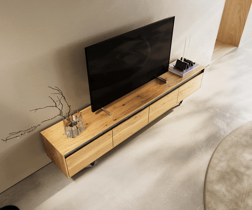 TV Stand Stonegrace Straight-Edge 200cm Oak Wood Natural 4 Drawers Stone Veneer V-Feet Metal Silver