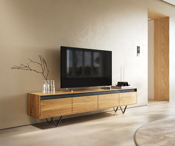 TV Stand Stonegrace Straight-Edge 200cm Oak Wood Natural 4 Drawers Stone Veneer V-Feet Metal Black