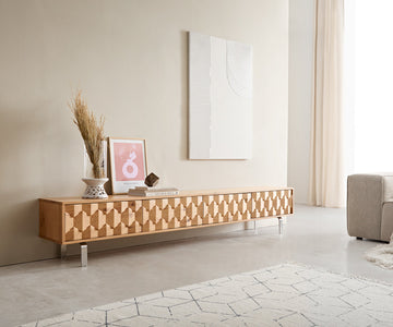 TV Stand Fevo 220cm Oak Wood Natural 4 Doors L-Feet Silver