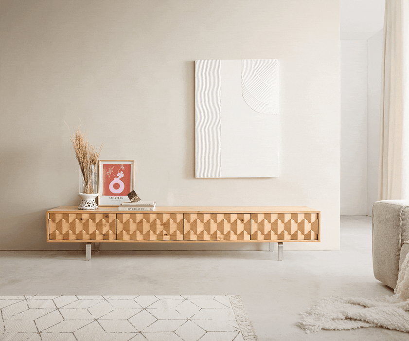 TV Stand Fevo 220cm Oak Wood Natural 4 Doors L-Feet Silver