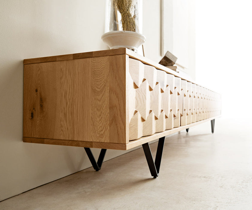 TV Stand Fevo 220cm Oak Wood Natural 4 Doors V-Feet Black