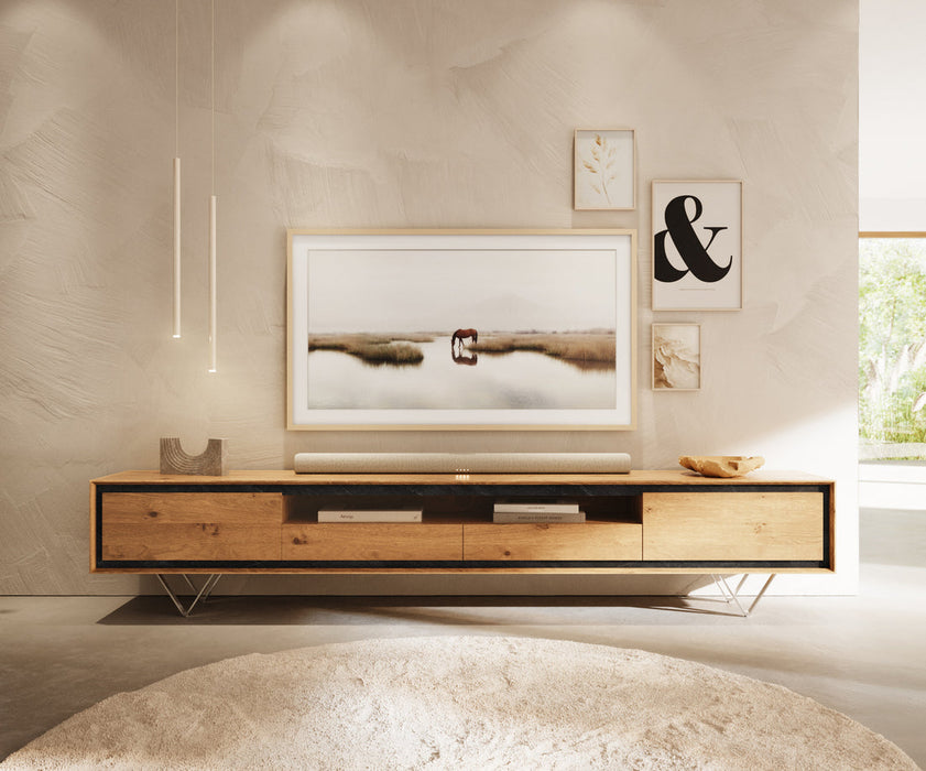 TV Stand Stonegrace Classic 240cm Oak Wood Natural 2 Doors 1 Compartment 2 Drawers Stone Veneer V-Feet Metal Silver