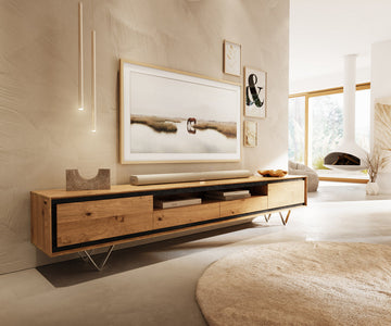 TV Stand Stonegrace Classic 240cm Oak Wood Natural 2 Doors 1 Compartment 2 Drawers Stone Veneer V-Feet Metal Silver