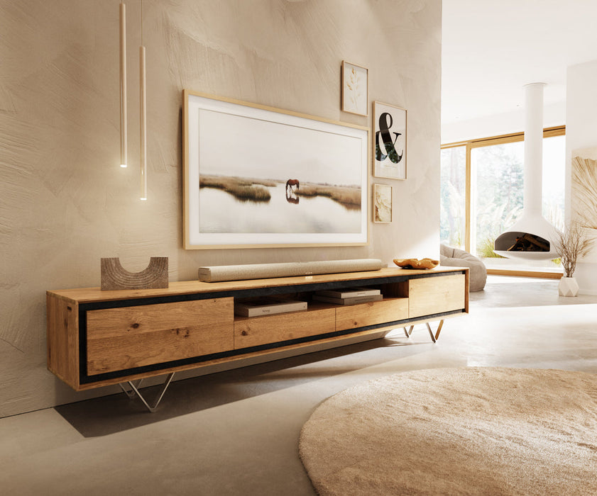 TV Stand Stonegrace Classic 240cm Oak Wood Natural 2 Doors 1 Compartment 2 Drawers Stone Veneer V-Feet Metal Silver