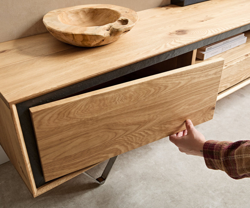 TV Stand Stonegrace Classic 240cm Oak Wood Natural 2 Doors 1 Compartment 2 Drawers Stone Veneer V-Feet Metal Silver