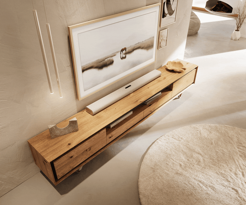 TV Stand Stonegrace Classic 240cm Oak Wood Natural 2 Doors 1 Compartment 2 Drawers Stone Veneer V-Feet Metal Silver
