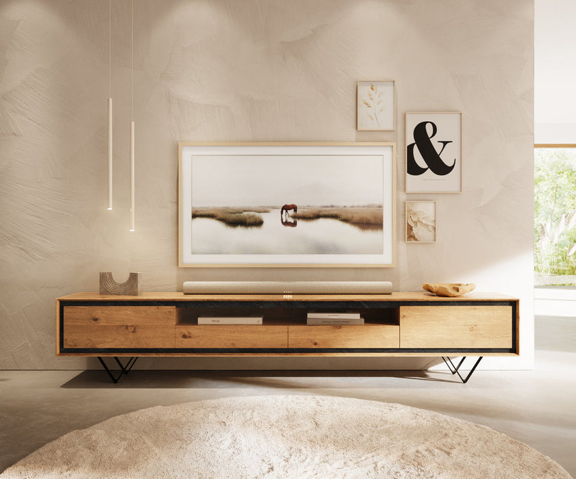 TV Stand Stonegrace Classic 240cm Oak Wood Natural 2 Doors 1 Compartment 2 Drawers Stone Veneer V-Feet Metal Black
