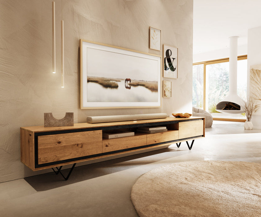 TV Stand Stonegrace Classic 240cm Oak Wood Natural 2 Doors 1 Compartment 2 Drawers Stone Veneer V-Feet Metal Black