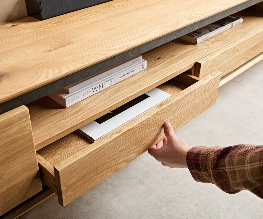 TV Stand Stonegrace Classic 240cm Oak Wood Natural 2 Doors 1 Compartment 2 Drawers Stone Veneer V-Feet Metal Black