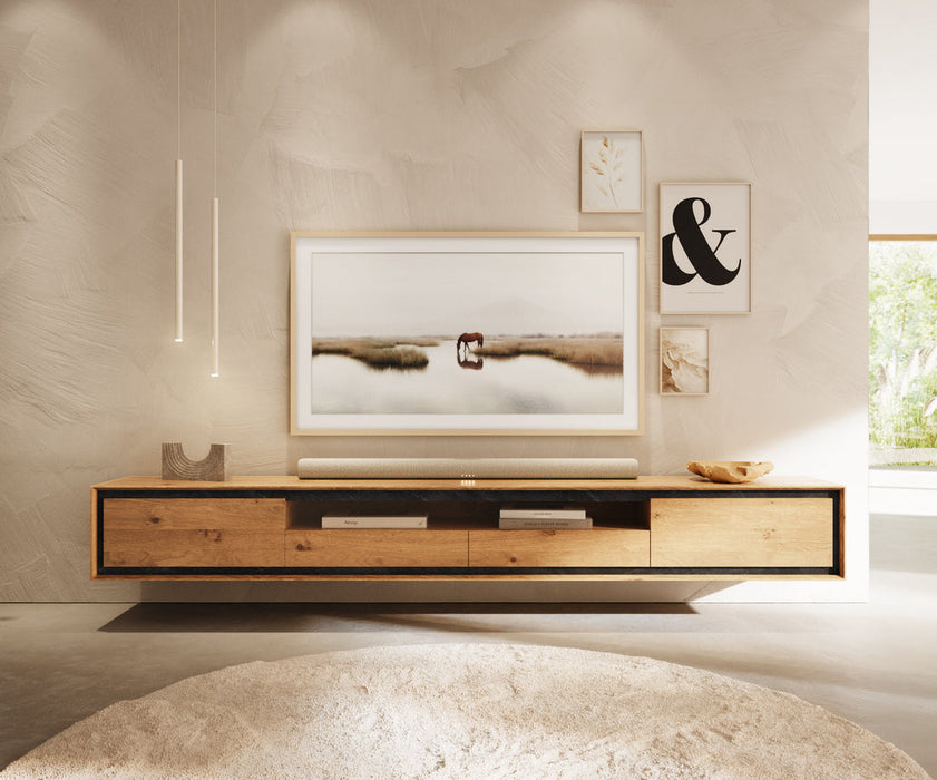 Floating TV Stand Stonegrace Classic 240cm Oak Wood Natural 2 Doors 1 Compartment 2 Drawers Stone Veneer