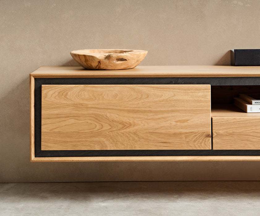 Floating TV Stand Stonegrace Classic 240cm Oak Wood Natural 2 Doors 1 Compartment 2 Drawers Stone Veneer