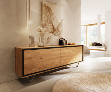 Sideboard Stonegrace Classic 200cm Oak Wood Natural 4 Doors Stone Veneer V-Feet Metal Silver