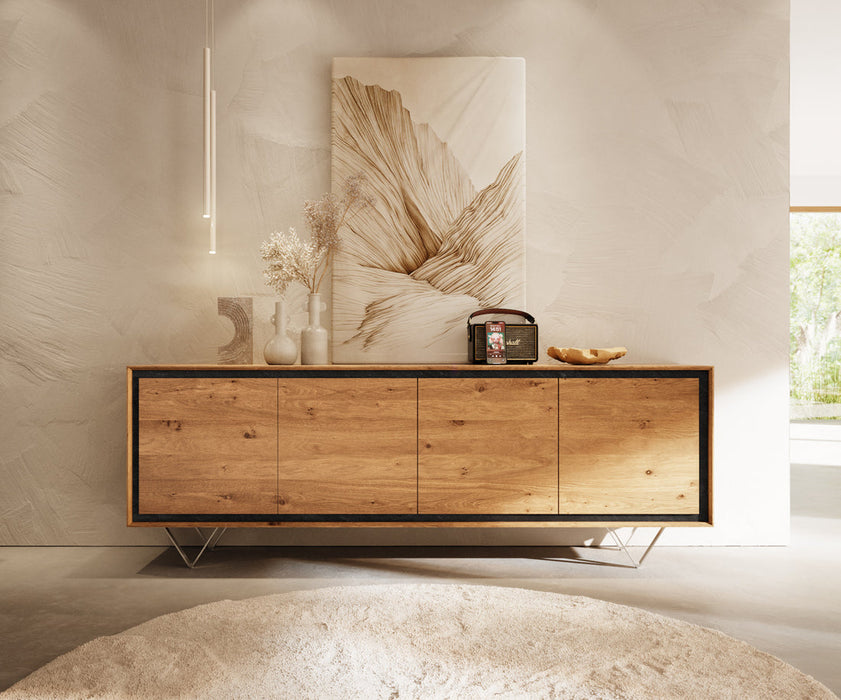 Sideboard Stonegrace Classic 200cm Oak Wood Natural 4 Doors Stone Veneer V-Feet Metal Silver