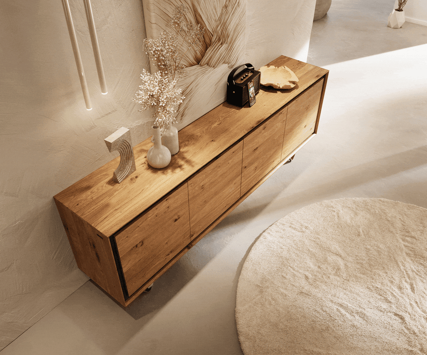 Sideboard Stonegrace Classic 200cm Oak Wood Natural 4 Doors Stone Veneer V-Feet Metal Silver