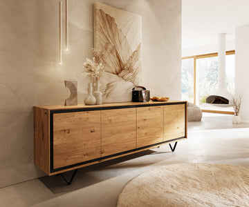 Sideboard Stonegrace Classic 200cm Oak Wood Natural 4 Doors Stone Veneer V-Feet Metal Black
