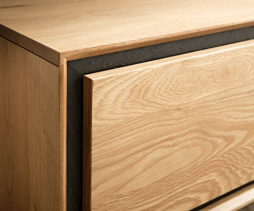 TV Stand Stonegrace Classic 200cm Oak Wood Natural 4 Doors Stone Veneer V-Feet Metal Silver
