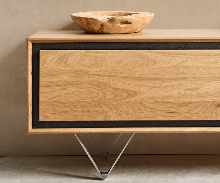 TV Stand Stonegrace Classic 200cm Oak Wood Natural 4 Doors Stone Veneer V-Feet Metal Silver