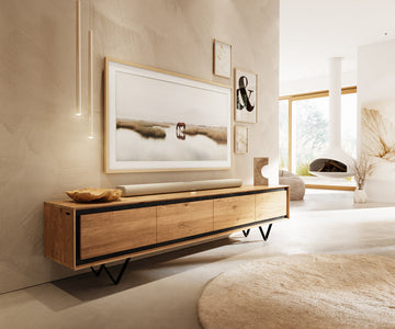 TV Stand Stonegrace Classic 200cm Oak Wood Natural 4 Doors Stone Veneer V-Feet Metal Black