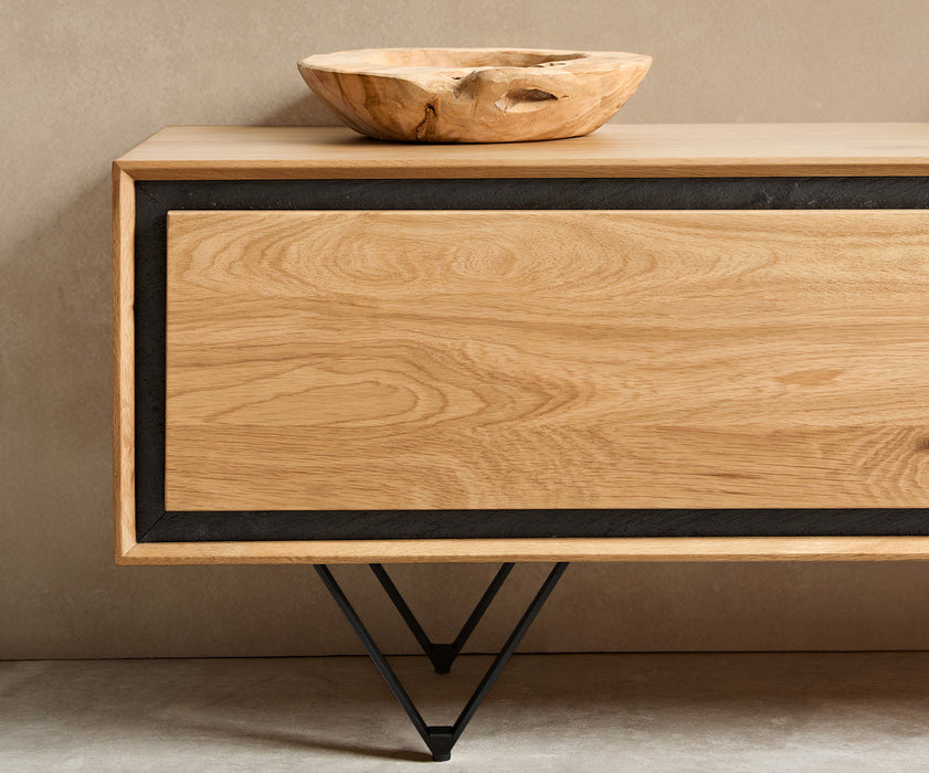 TV Stand Stonegrace Classic 200cm Oak Wood Natural 4 Doors Stone Veneer V-Feet Metal Black