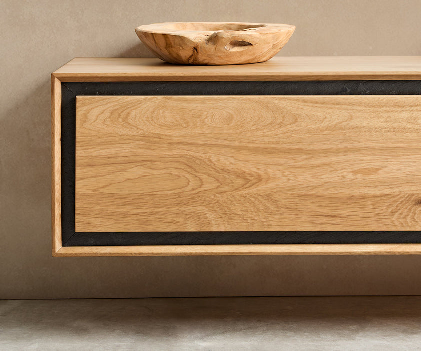 Floating TV Stand Stonegrace Classic 200cm Oak Wood Natural 4 Doors Stone Veneer
