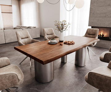 Dining Table Olympus Live-Edge 200x100cm Acacia Wood Brown Three Pillars Frame Steel 55mm Top