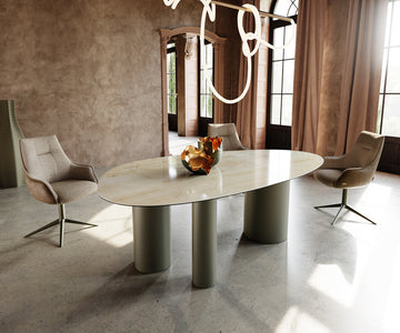 Dining Table Aurora Oval 220cm Ceramic Onice Oro Beige Three Pillars Frame Titanium