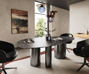 Dining Table Aurora Oval 220cm Ceramic Nero Greco Anthracite Three Pillars Frame Graphite
