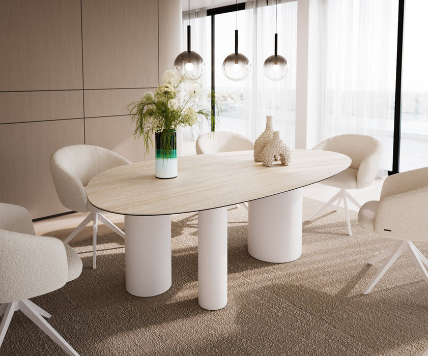 Dining Table Aurora Oval 220x120cm Ceramic Travertine Bianco Travertine Three Pillars Frame White