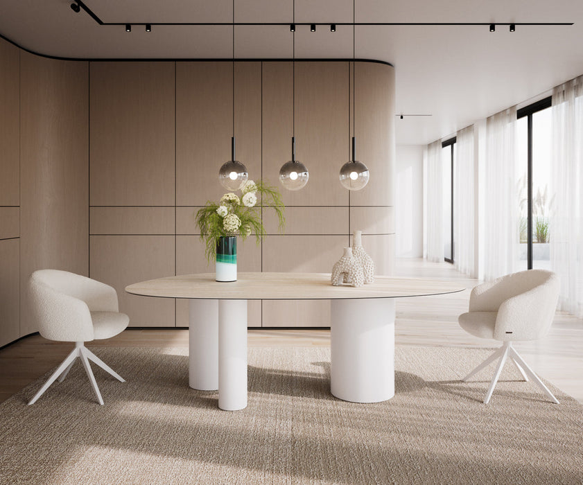 Dining Table Aurora Oval 220x120cm Ceramic Travertine Bianco Travertine Three Pillars Frame White