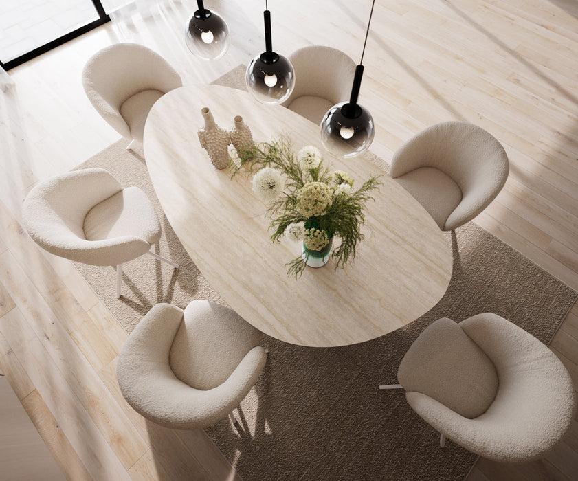 Dining Table Aurora Oval 220x120cm Ceramic Travertine Bianco Travertine Three Pillars Frame White