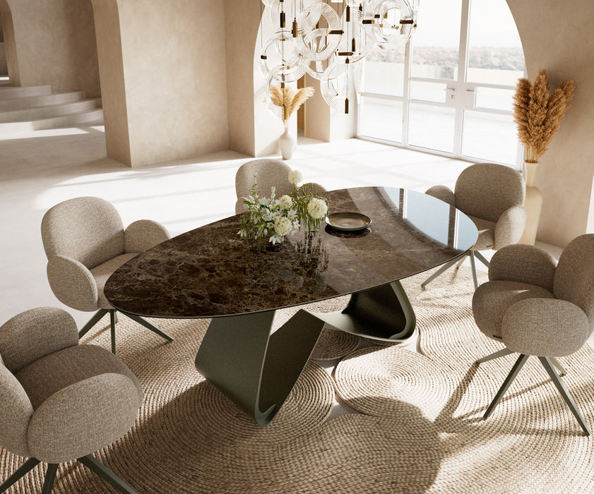 Dining Table Aurora Oval 220x120cm Ceramic Emperador Extra Lucidato Dark Brown W-Frame Titanium