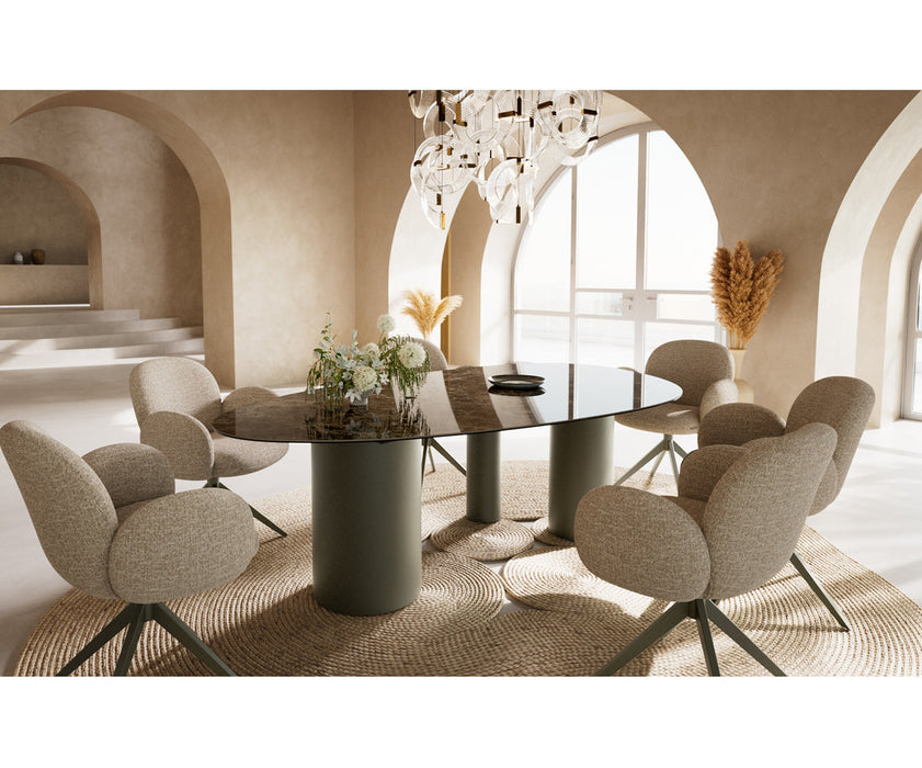 Dining Table Aurora Oval 220x120cm Ceramic Emperador Extra Lucidato Dark Brown Three Pillars Frame Titanium