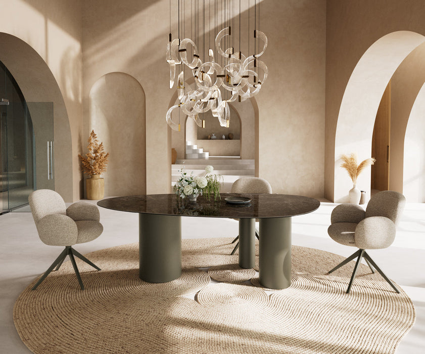 Dining Table Aurora Oval 220x120cm Ceramic Emperador Extra Lucidato Dark Brown Three Pillars Frame Titanium