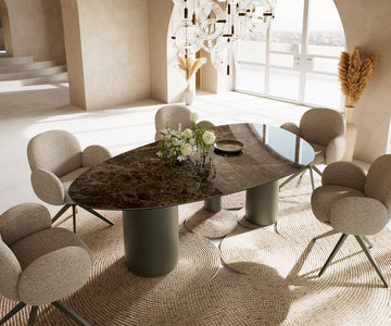 Dining Table Aurora Oval 220x120cm Ceramic Emperador Extra Lucidato Dark Brown Three Pillars Frame Titanium