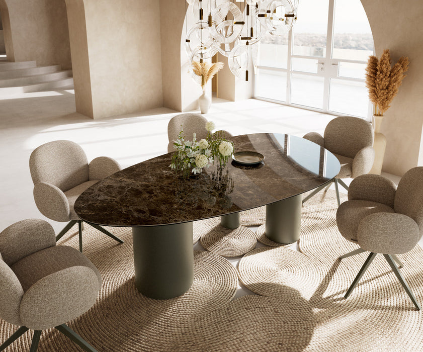 Dining Table Aurora Oval 220x120cm Ceramic Emperador Extra Lucidato Dark Brown Three Pillars Frame Titanium