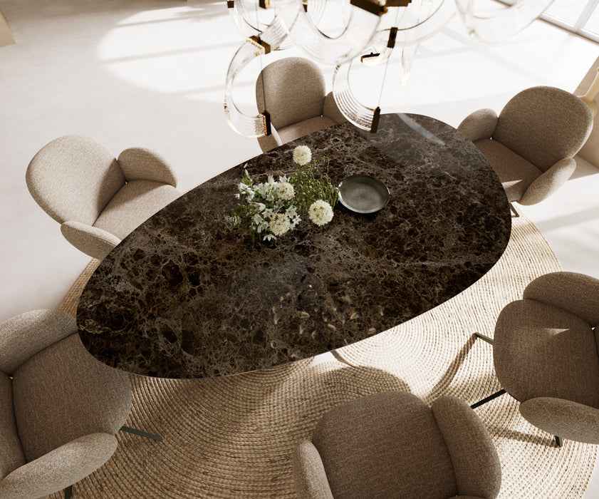 Dining Table Aurora Oval 220x120cm Ceramic Emperador Extra Lucidato Dark Brown Three Pillars Frame Titanium