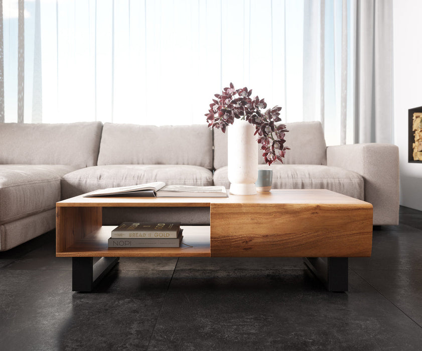 Coffee Table New Live-Edge 115cm 2 Drawers 1 Compartment Acacia Wood Natural Square Feet Black