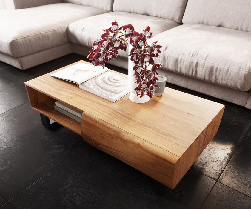 Coffee Table New Live-Edge 115cm 2 Drawers 1 Compartment Acacia Wood Natural Square Feet Black
