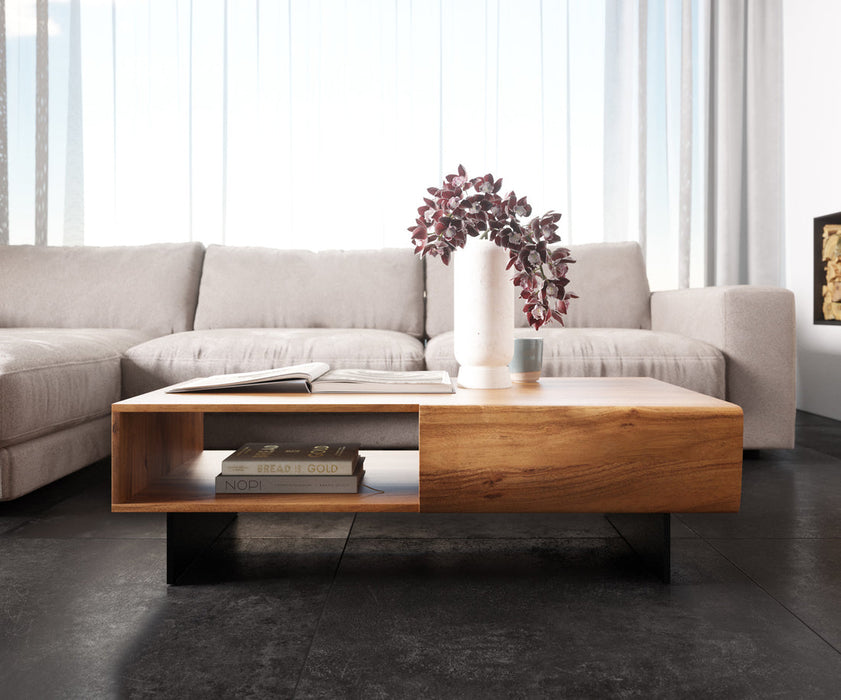 Coffee Table New Live-Edge 115cm 2 Drawers 1 Compartment Acacia Wood Natural Narrow Feet Black