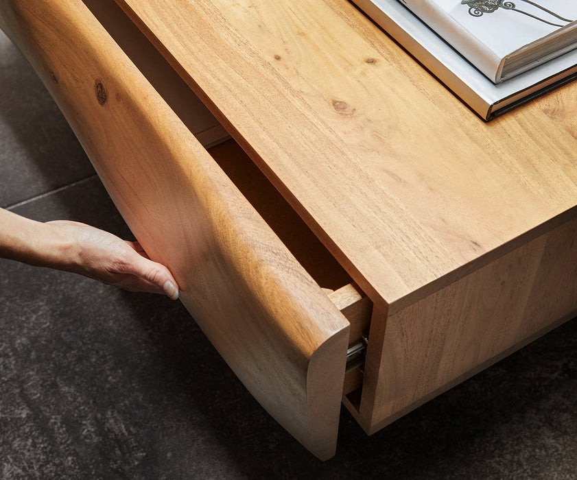 Coffee Table New Live-Edge 115cm 2 Drawers 1 Compartment Acacia Wood Natural Narrow Feet Black