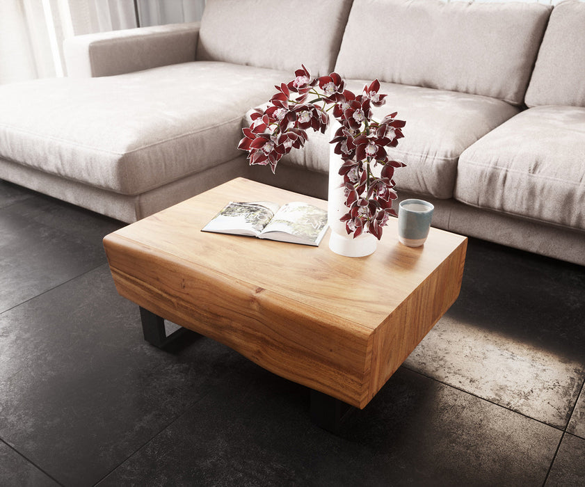 Coffee Table New Live-Edge 80cm 2 Drawers Acacia Wood Natural Square Feet Black