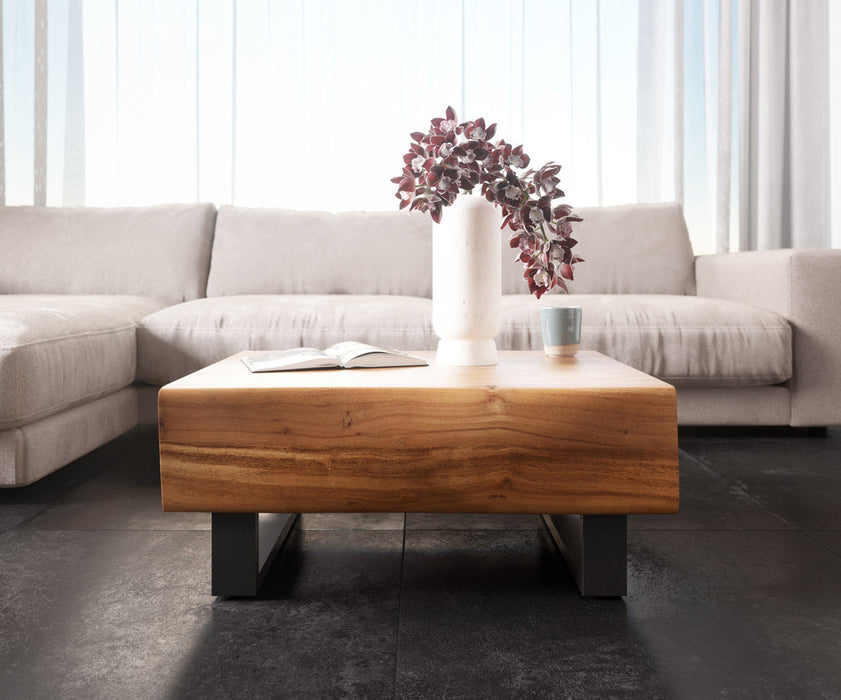 Coffee Table New Live-Edge 80cm 2 Drawers Acacia Wood Natural Square Feet Black