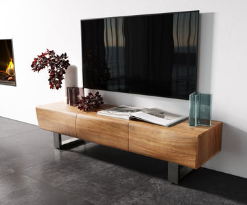 TV Stand New Live-Edge 145cm 3 Doors Acacia Wood Natural Square Feet Silver