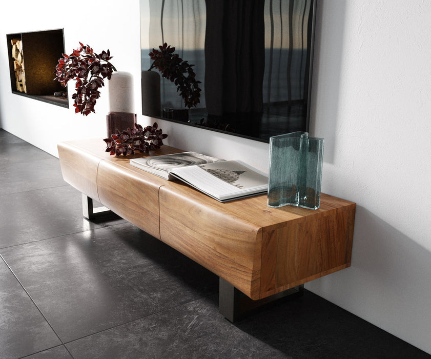 TV Stand New Live-Edge 145cm 3 Doors Acacia Wood Natural Square Feet Silver
