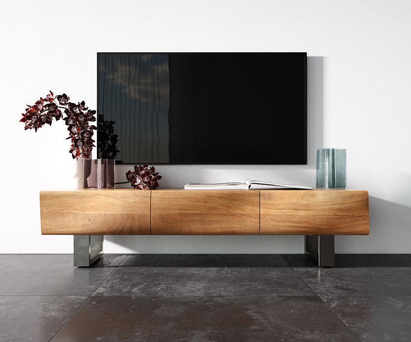 TV Stand New Live-Edge 145cm 3 Doors Acacia Wood Natural Square Feet Silver
