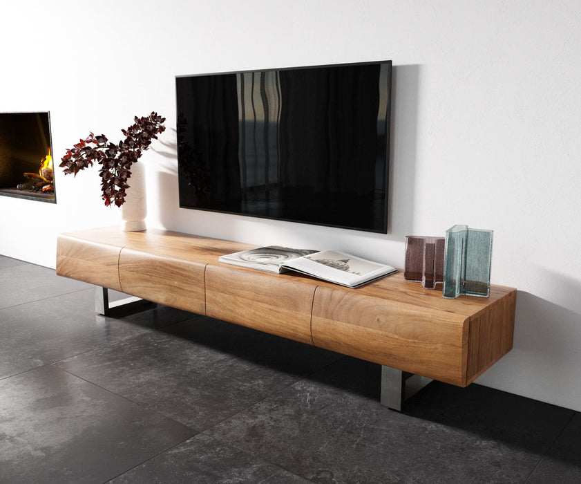 TV Stand New Live-Edge 200cm 4 Doors Acacia Wood Natural Square Feet Silver