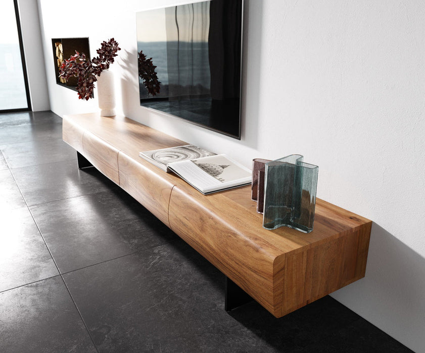 TV Stand New Live-Edge 240cm 4 Drawers Acacia Wood Natural Narrow Feet Black