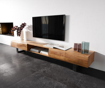 TV Stand New Live-Edge 240cm 4 Doors 1 Compartment Acacia Wood Natural Square Feet Black