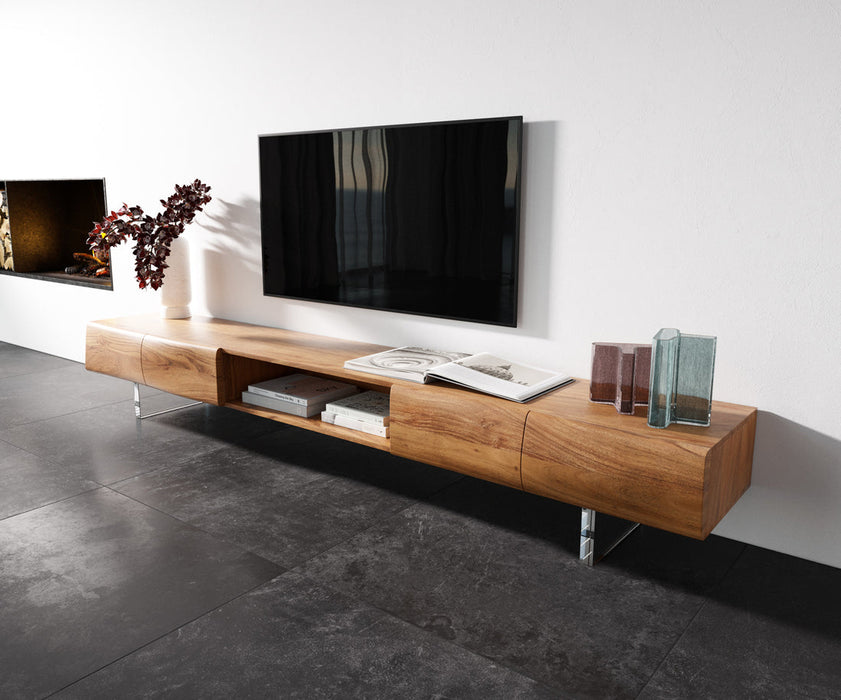 TV Stand New Live-Edge 240cm 4 Doors 1 Compartment Acacia Wood Natural Acryl Feet